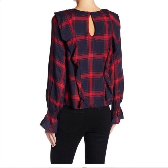 Kenzie Jeans Long Sleeve Ruffle Plaid Blouse large - Picture 2 of 5